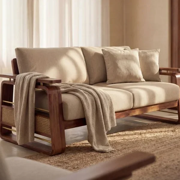 3 Seater Sheesham Wood Sofa With Cane and Brass Detailing