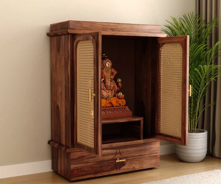 Amogh Sheesham Wood Home Temple with Cane Doors & Drawer Storage (4)