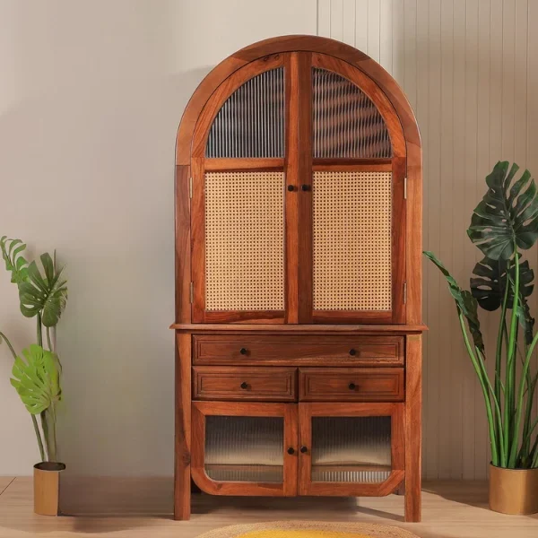 Anant Sheesham Wood Home Temple with Cane & Fluted Glass Doors and Spacious Drawers