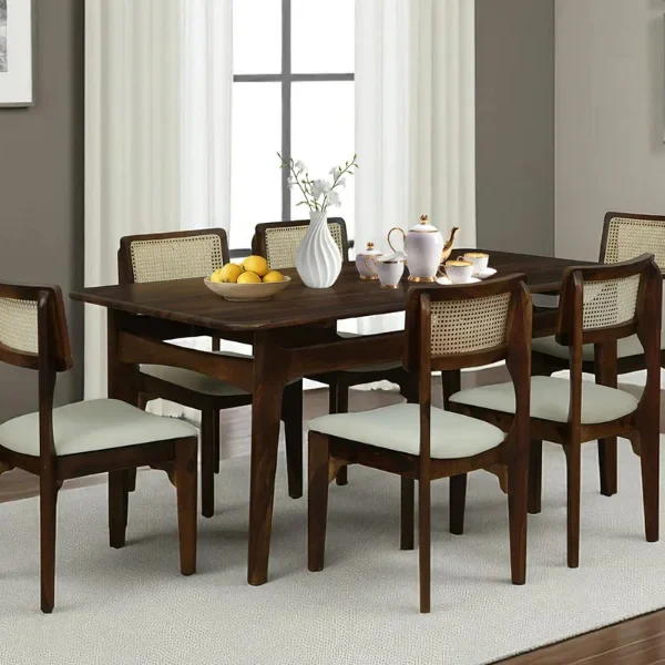Binche Sheesham Wood 6 Seater Dining Set In Scratch Resistant Provincial Teak Finish With Marble Top
