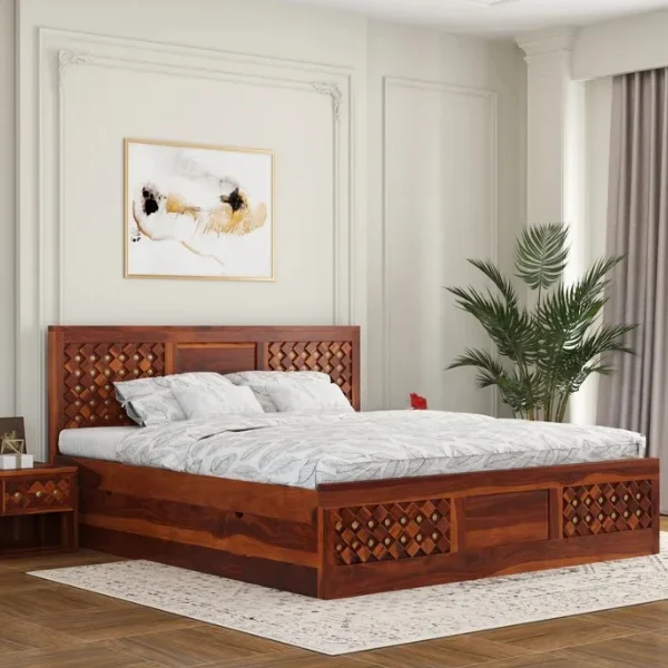 Bronzon Sheesham Wood Bed with Full Drawer Storage