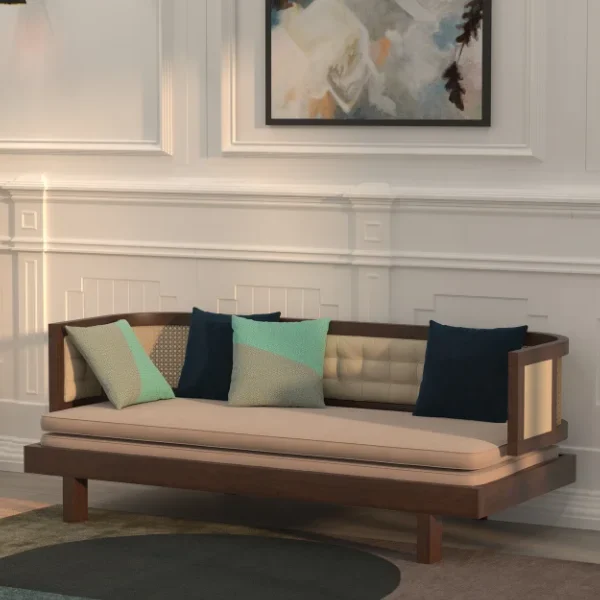 Daybed Sofa with Cane Panels and Tufted Upholstery