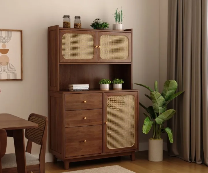 Divit Sheesham Wood Kitchen Cabinet with Cane Detailing & Brass Knobs (Teak Finish) (1)