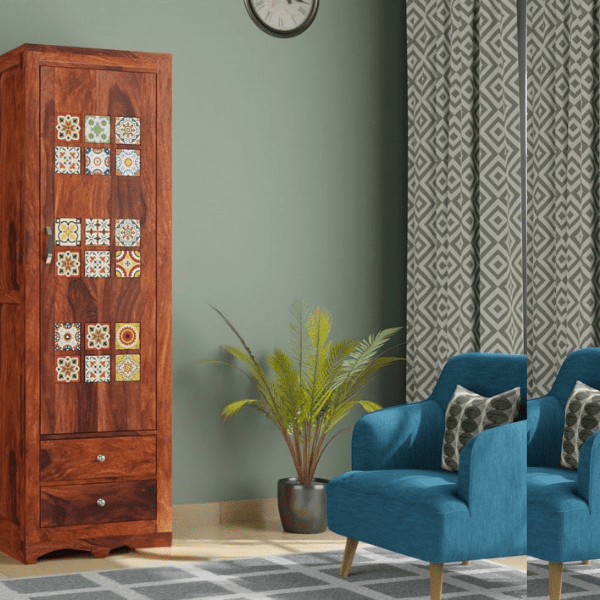Dotwork Solid Sheesham Wood Single Door Wardrobe