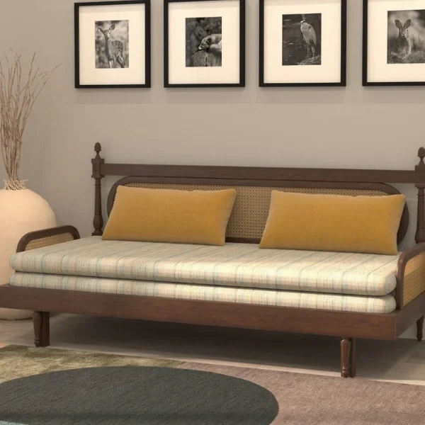 Elegant Cane-Style Day Bed with Cushioned Backrest for Indian Homes