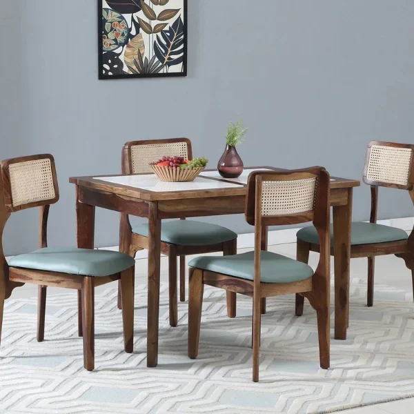 Gistel Sheesham Wood 4 Seater Dining Set In Scratch Resistant Provincial Teak Finish With Marble Top