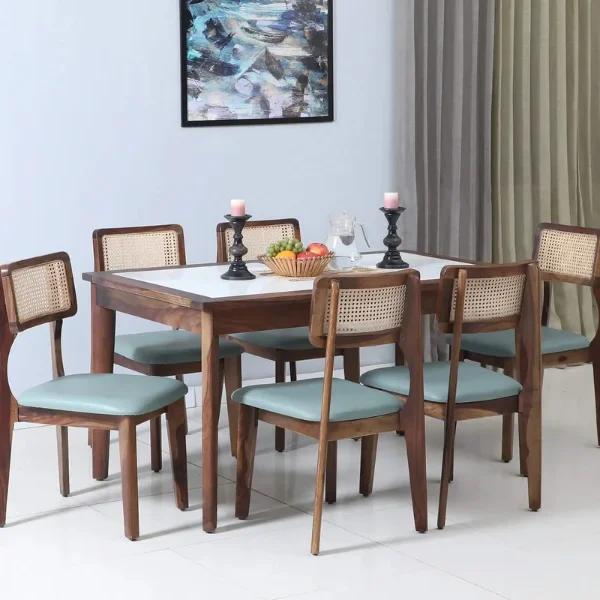 Gistel Sheesham Wood 6 Seater Dining Set In Scratch Resistant Provincial Teak Finish With Marble Top