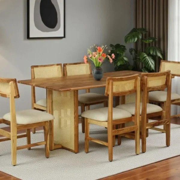 Ortrand Acacia Wood 6 Seater Dining Set In Natural Finish