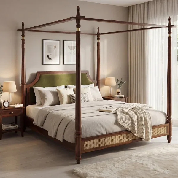 Samrat Sheesham Wood and Cane Upholstered Poster Bed Without Storage