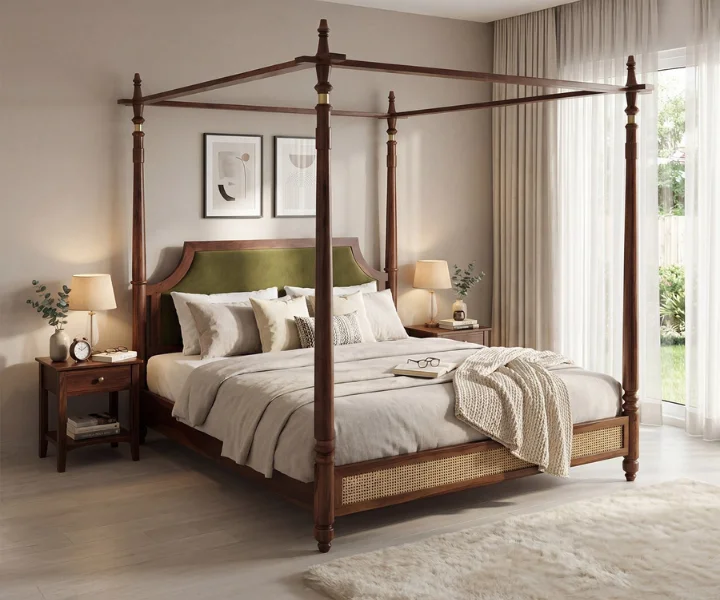 Samrat Sheesham Wood and Cane Upholstered Poster Bed Without Storage (2)