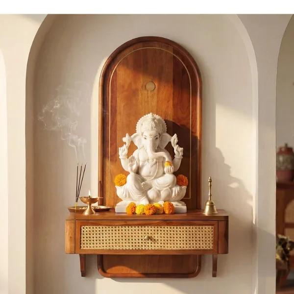 Shoonya Sheesham Wood Home Temple with Brass Detailing and Cane Accents