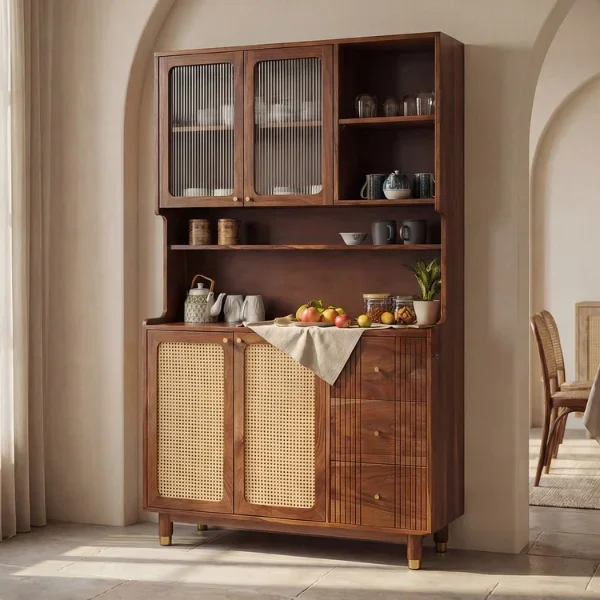 Tripti Classic Kitchen Cabinet with Fluted Glass, Cane Weave & Brass Knobs