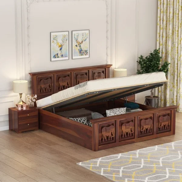 Tusker Sheesham Wood Bed Hydraulic Storage