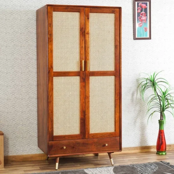 Two Door Wardrobe Wood Almirah in Rattan work for Bedroom