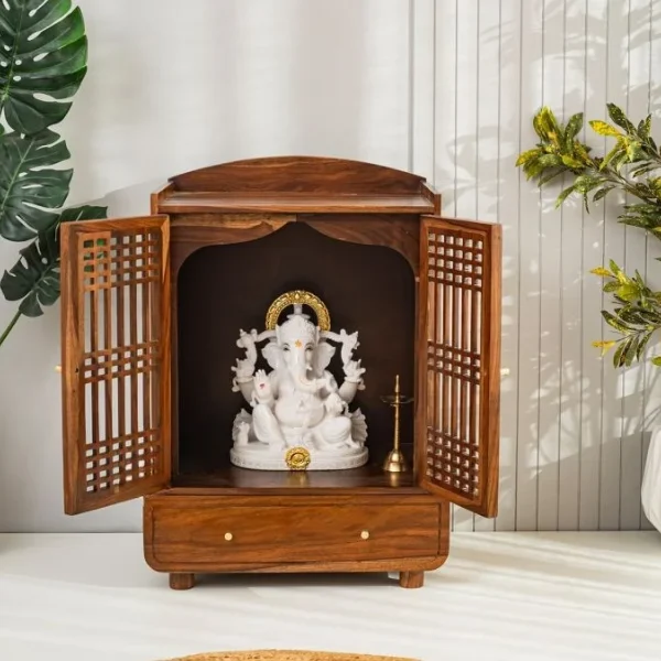 Yaj Sheesham Wood Home Temple With Panelled Slatted Doors & Large Drawer Storage