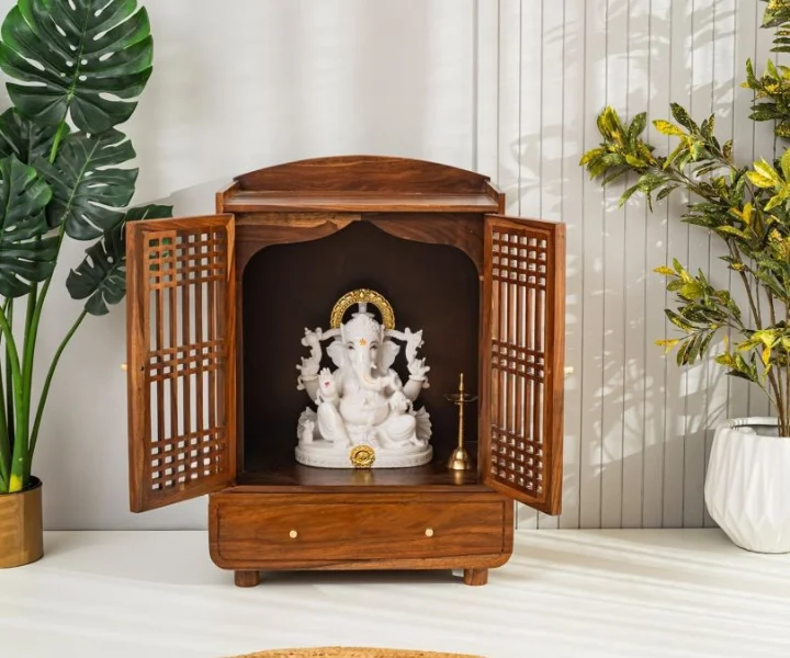 Yaj Sheesham Wood Home Temple With Panelled Slatted Doors & Large Drawer Storage (4)